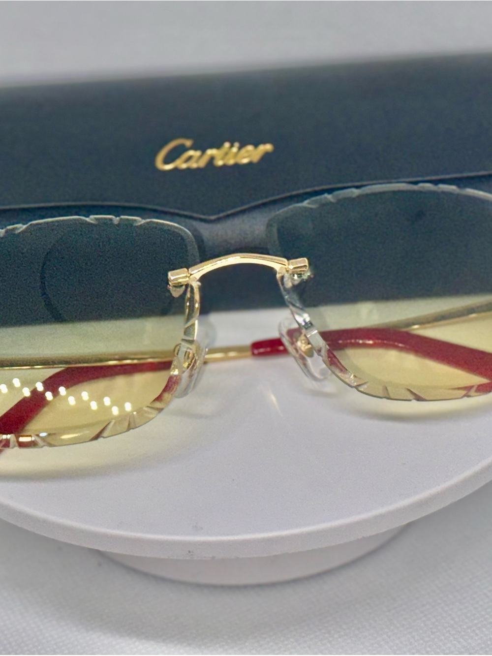 Cartier Rimless Sunglasses in Gold with Red Temples and Yellow Lenses